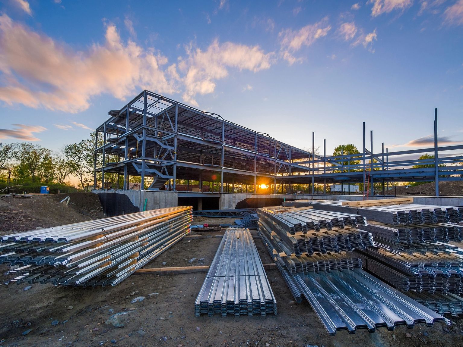 Steel materials at a construction site